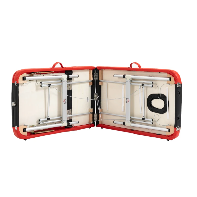 HOMCOM Mobile Massageliege 3 Zonen Klappbar Massagetisch mit Kopfstütze Armlehne Tragetasche höhenverstellbare Aluminium Massagebett tragbar inkl. Zubehör Massagebank bis 225 kg Belast Rot