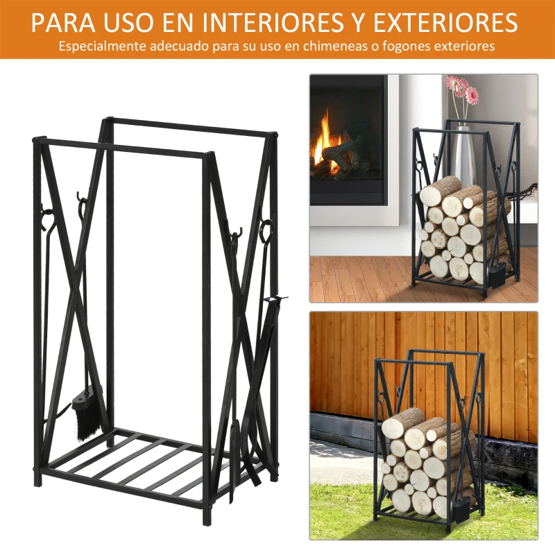 HOMCOM Estante de Leña para Chimenea 46x30x76 Soporte para Leña cm con 4 Herramientas Incluidas Marco de Acero Estable Carga 100 kg para Exterior e Interior Negro