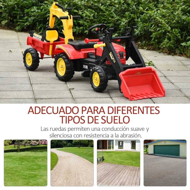 HOMCOM Tractor a Pedales con Remolque Excavador con Pala Frontal Juguete de Conducción para Mayores de 3 Años Dirección y Palas Fáciles de Controlar Soporta hasta 35 kg 179x42x59 cm Rojo