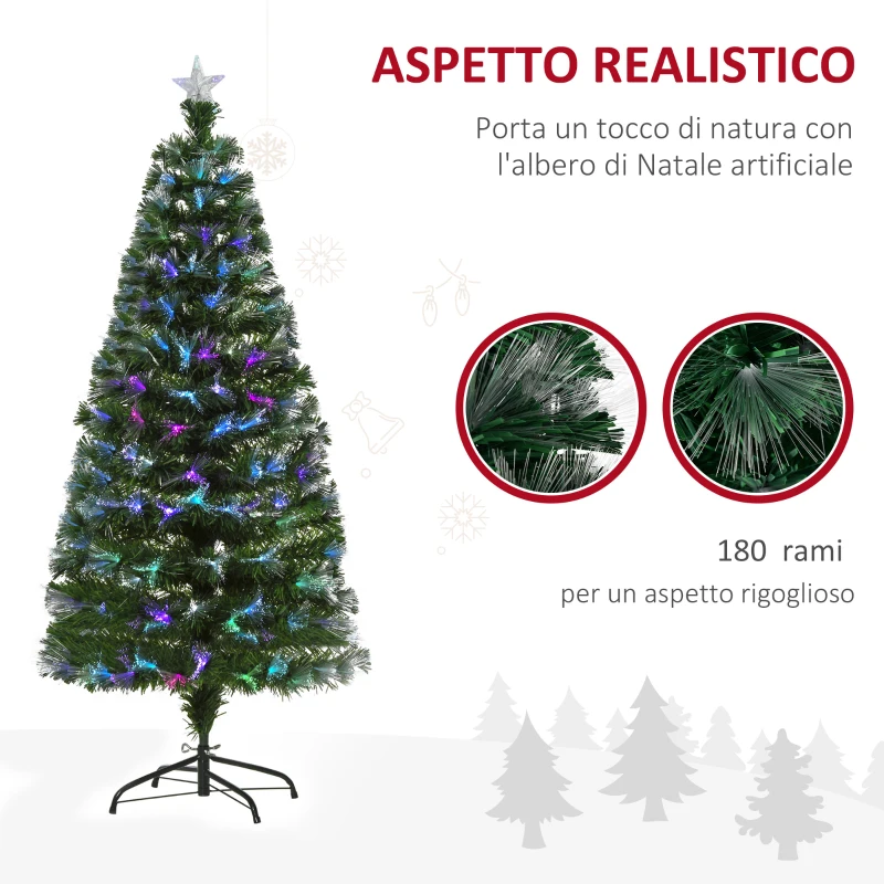 HOMCOM Albero di Natale 150cm con 180 Luci a LED e Fibre Ottiche Colorate, 180 Rami in PVC Ignifughi e Base in Metallo
