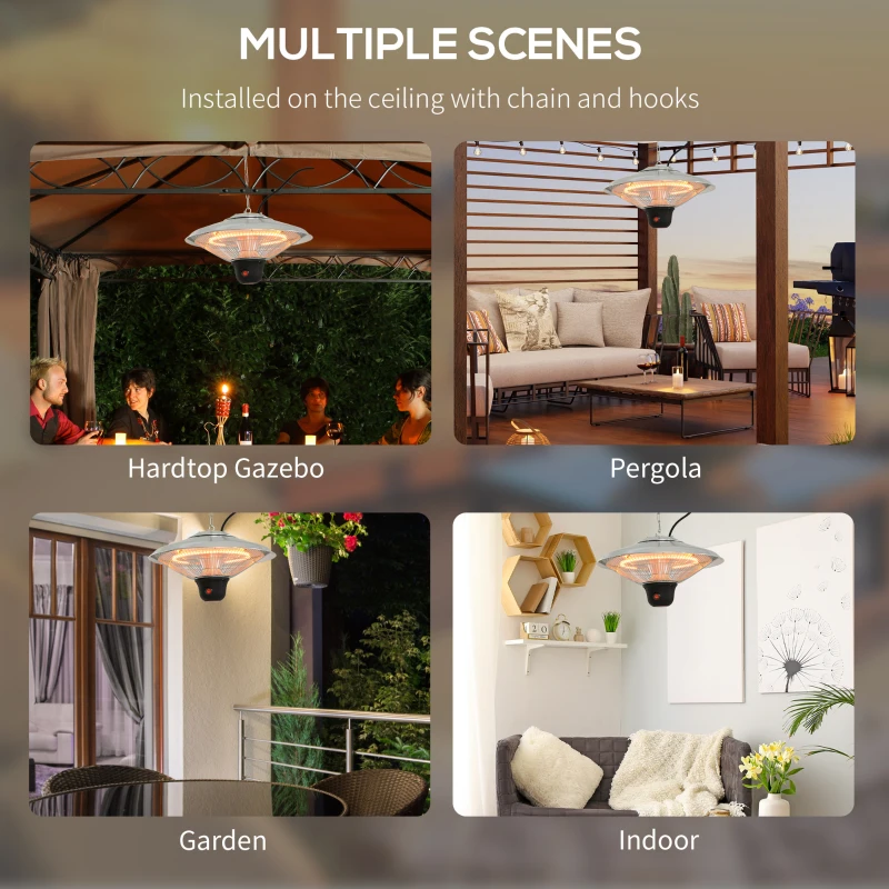 Outsunny 1500W Patio Heater Outdoor Ceiling Mounted Aluminium Halogen Electric Hanging Heating Light with Remote Control and 3 Heat Settings, Silver