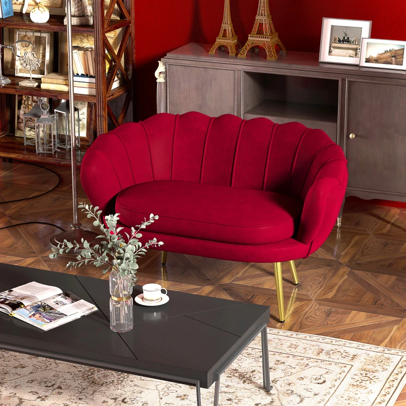 HOMCOM Divanetto 2 Posti in Stile Industrial Chic in Tessuto Effetto Velluto e Metallo, 130x77x77 cm, Rosso Scuro