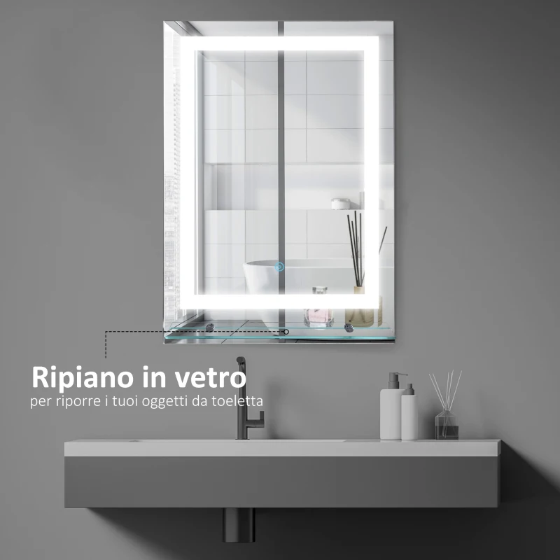 Kleankin Specchio da Bagno Luci a LED, Interruttore Touch Mensola in Vetro con Utensili per Montaggio a Parete 70x50cm