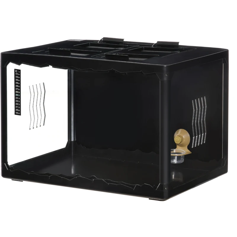 PawHut Terrario para Reptiles Caja de Alimentación de Insectos de Acrílico con Comedero Termómetro 2 Portalámparas E27 e Interruptor para Lagarto Camaleón 60x40x40,5 cm Negro