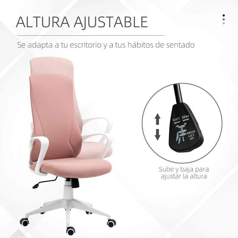 Vinsetto Silla de Oficina Giratoria Altura Ajustable con Reposabrazos Función de Basculante Respaldo Alto 62x56x110-119,5cm Rosa
