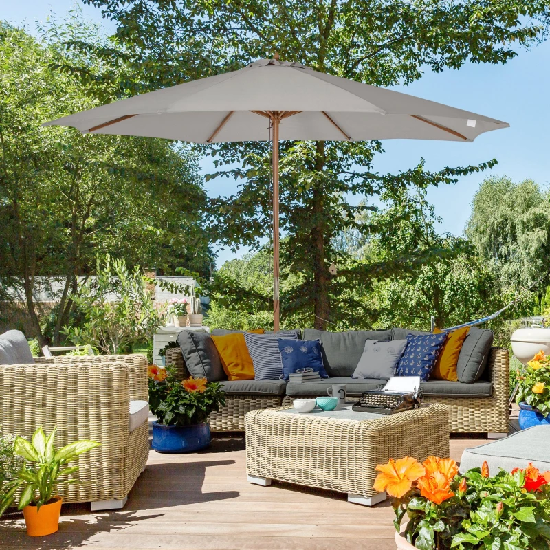 Outsunny 3(m) Garden Parasol, Pulley Operated Patio Umbrella, Wooden Table Market Umbrella with Rope Pulley Mechanism and 8 Ribs, Grey