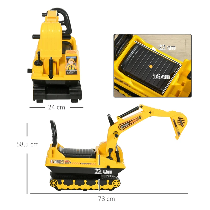 HOMCOM Excavadora sin Pedales con Brazo Móvil Correpasillos con Asiento de Almacenaje 78x24x58,5 cm Amarillo