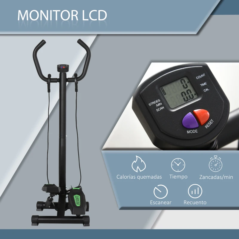 HOMCOM Máquina de Step Stepper Fitness con Manillar Pantalla LCD Cintas y Pedales Antideslizantes 40x40x118cm Negro