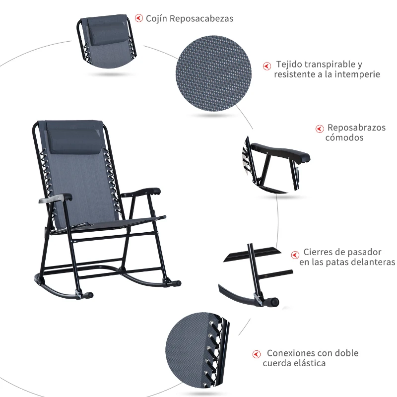 Outsunny Set de Muebles de Jardín Mesa Redonda Ø46x49 cm y 2 Sillas Mecedoras 68x90x106 cm Plegables con Bloqueo para Exterior Patio Gris