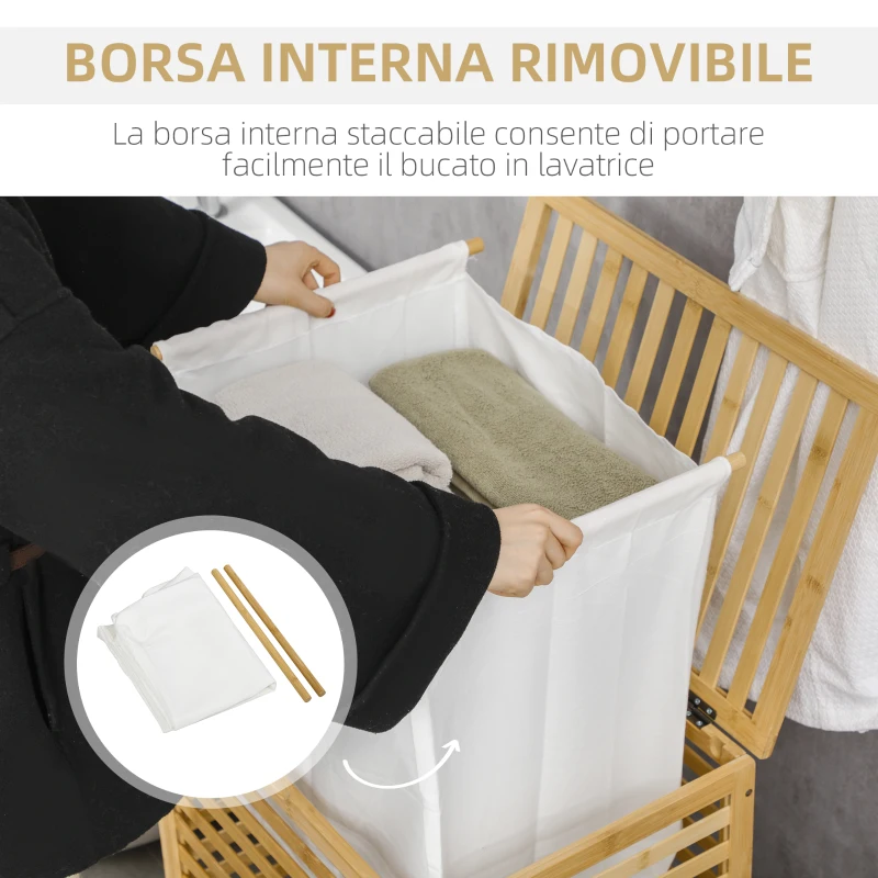 HOMCOM Cesto Portabiancheria a Doghe in Bambù e Poliestere con Coperchio e Sacca Rimovibile, 50x36x60 cm