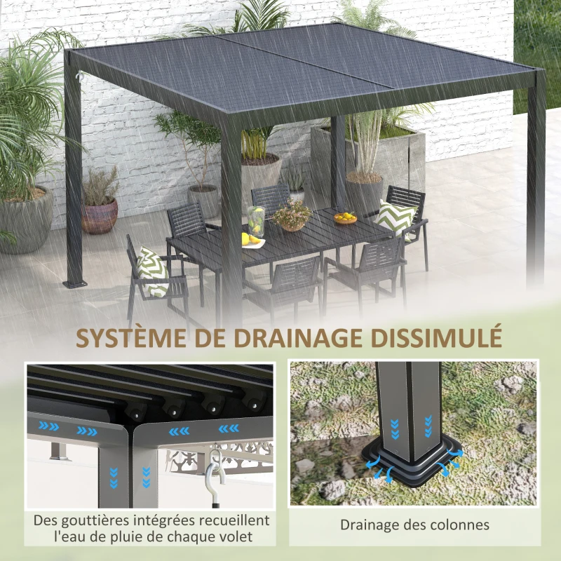 Outsunny Pergola 3 x 3 m bioclimatique tonnelle avec lames orientables manivelle, style contemporain UV, aluminium - noir