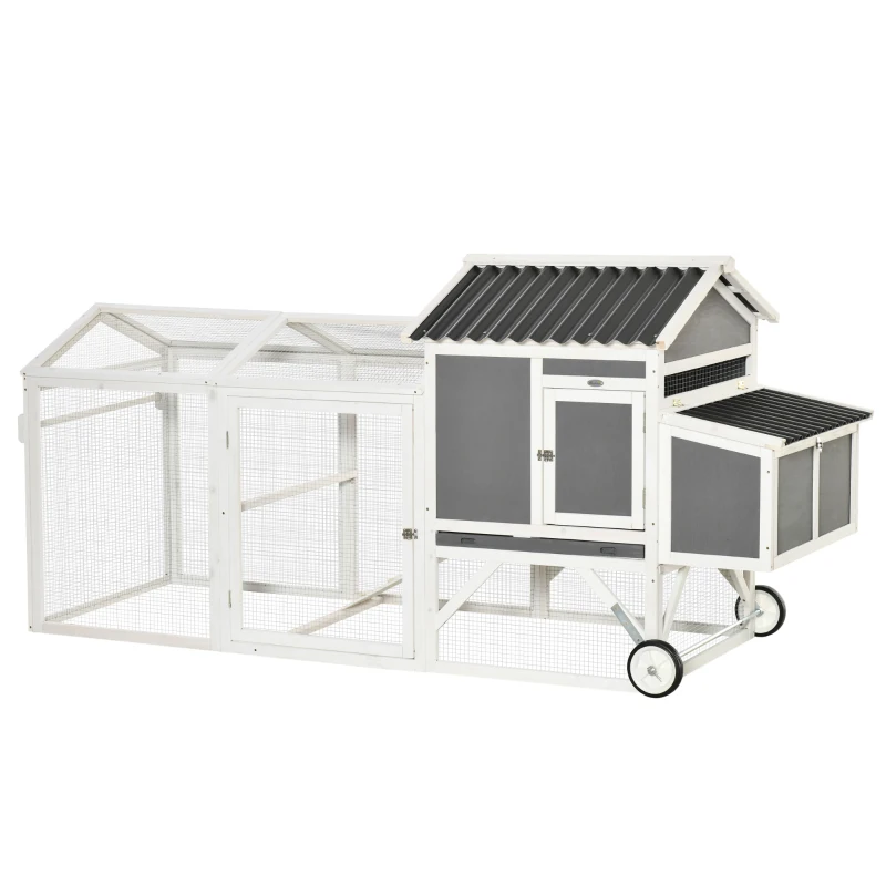 PawHut Hühnerstall Hühnerhaus mit Nistkasten Hühnervoliere mit Rädern und Griff Gehege Geflügelstall winterfest Tannenholz kunststoff Grau+Weiß 247 x 90 x 114 cm