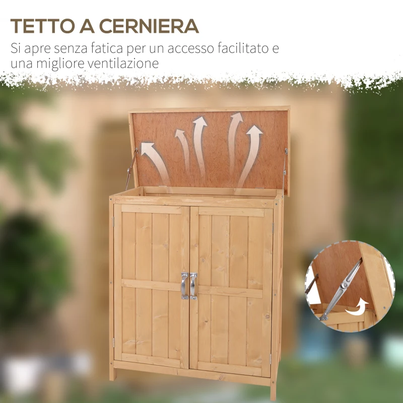 Outsunny Casetta in Legno da Giardino con 2 Ante, Armadio da Esterno Porta Attrezzi da Giardino con Tetto Apribile, 74x43x88 cm