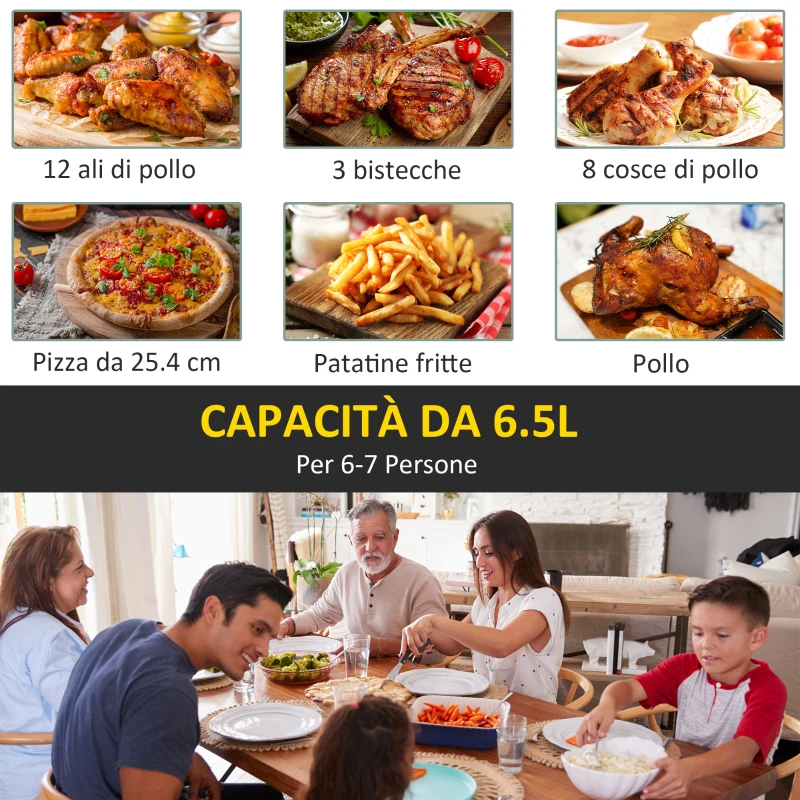HOMCOM Friggitrice ad Aria 8 in 1 da 6.5 Litri 1700W, con 12 Programmi, Accessori e Schermo LED Nera