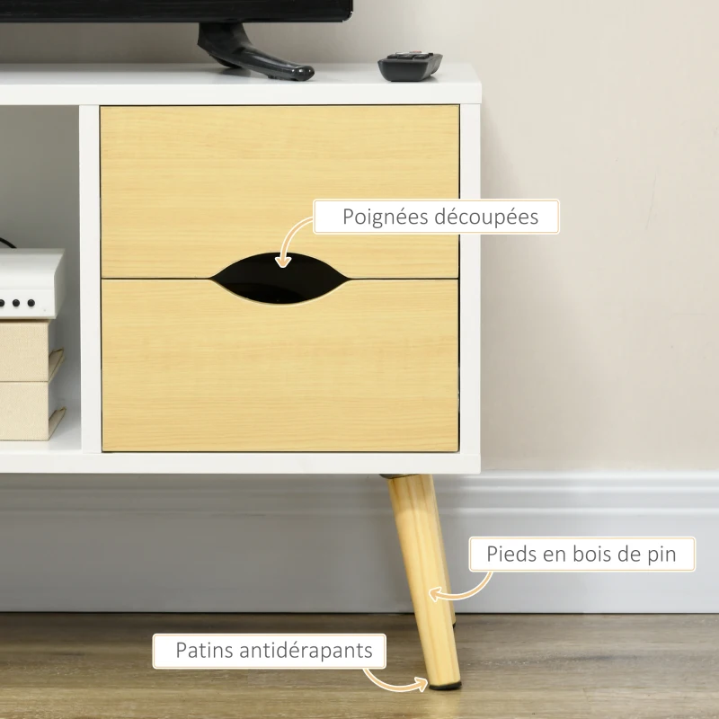 HOMCOM Meuble TV jusqu'à 40 pouces pieds en bois massif 4 tiroirs 1 niche centrale 90 x 30 x 46 cm naturel blanc