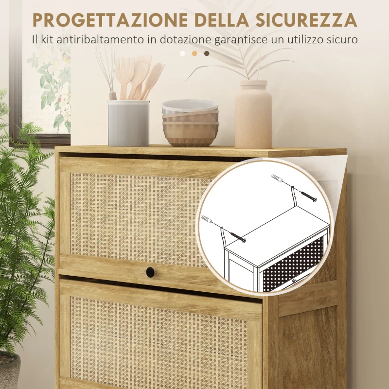 HOMCOM Mobile Cucina in stile Boho con 4 Ante a Ribalta, in Truciolato e Rattan, 70x32x132.8 cm