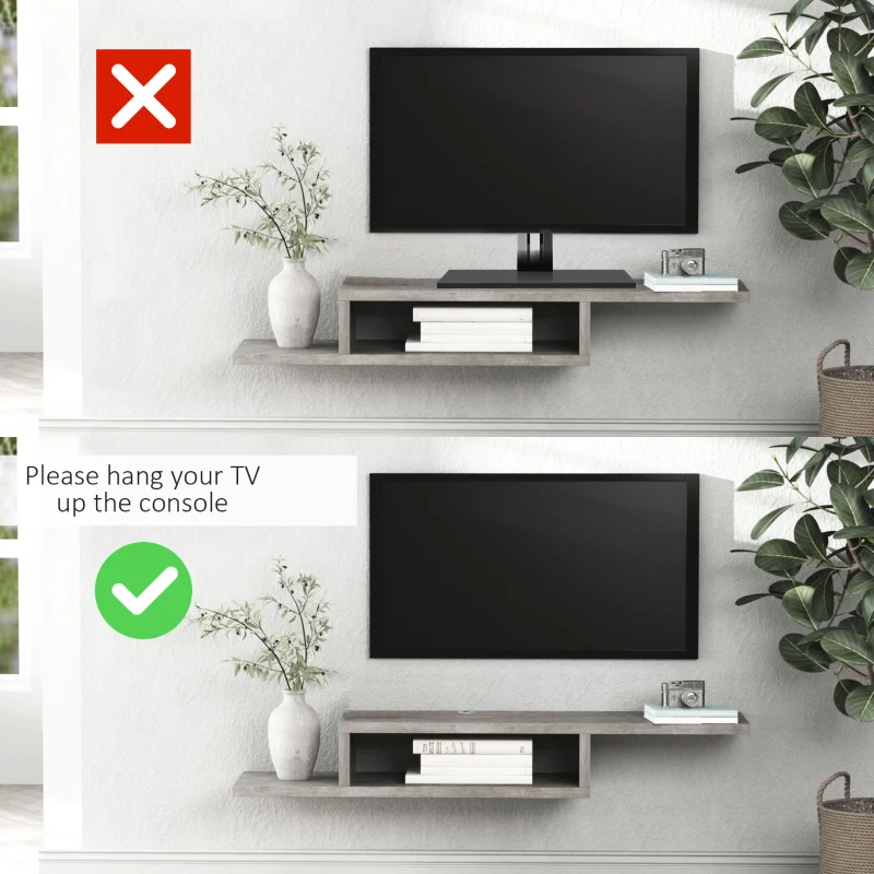 HOMCOM Floating TV Unit, Wall Mounted TV Stand with Open Shelf and 2 Cable Holes, Entertainment Unit for Living Room, Grey