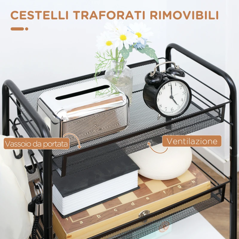 HOMCOM Carrello da Cucina a 3 Livelli con Cesti Removibili e 4 Ruote, in Acciaio e Plastica PP, 41.5Lx26.5x63 cm, Nero