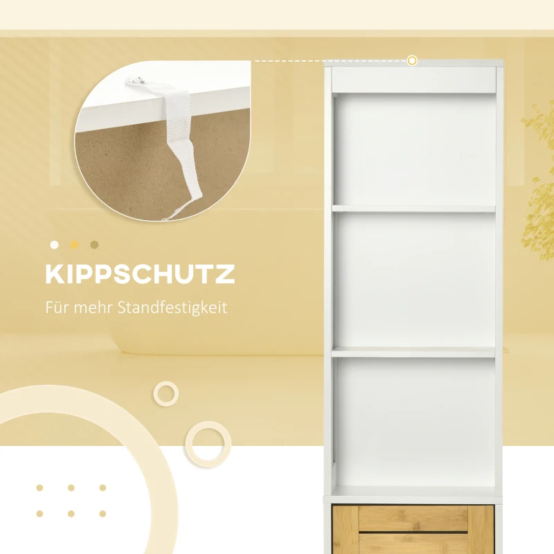 kleankin Badezimmerschrank, Badregal, 3 offene Fächer, Schrankfach mit Bambustüren, weiß, 35 x 27 x 171cm