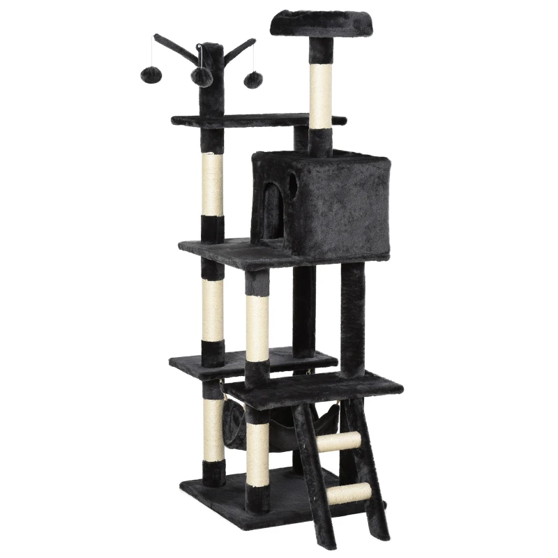 PawHut Árbol para Gatos Centro de Múltiples Actividades de Mascotas con Postes de Rascador Sisal Canasta Hamaca Hábitat Bolas Colgantes Habitación 49x49x155 cm Gris Oscuro