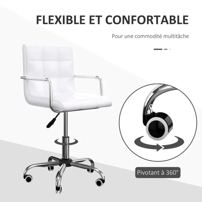 HOMCOM Lot de 2 chaises de bureau fauteuil manager pivotant hauteur réglable revêtement synthétique capitonné blanc