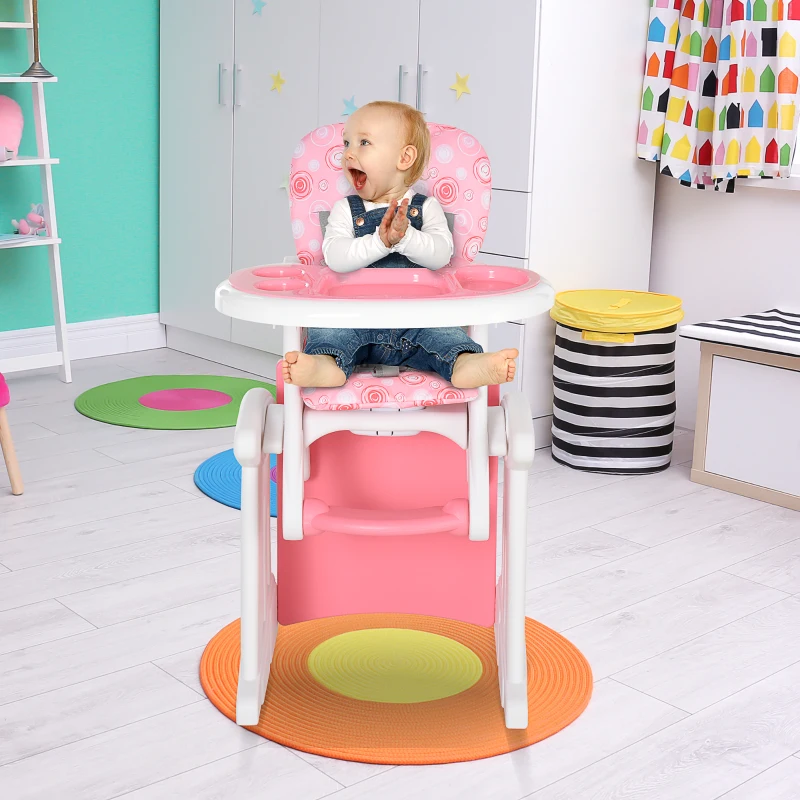 HOMCOM Trona para Bebés 2 en 1 para 6 Meses a 6 Años Transformable en Mesa y Silla Multifuncional Ajustable en 3 Posiciones Respaldo Alto Acolchado con 2 Bandejas Extraíbles 57x59x105 cm Rosa