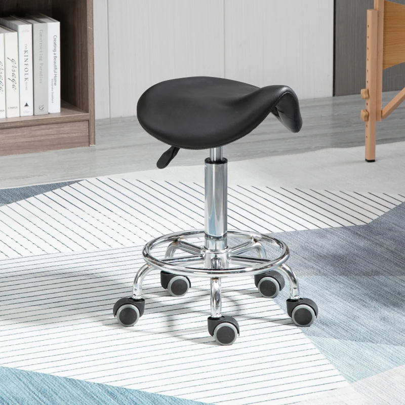 HOMCOM Sgabello Regolabile in Altezza con 5 Ruote e Seduta Ergonomica Imbottita in Gommapiuma, 36.2x37.5x51-66 cm, Nero