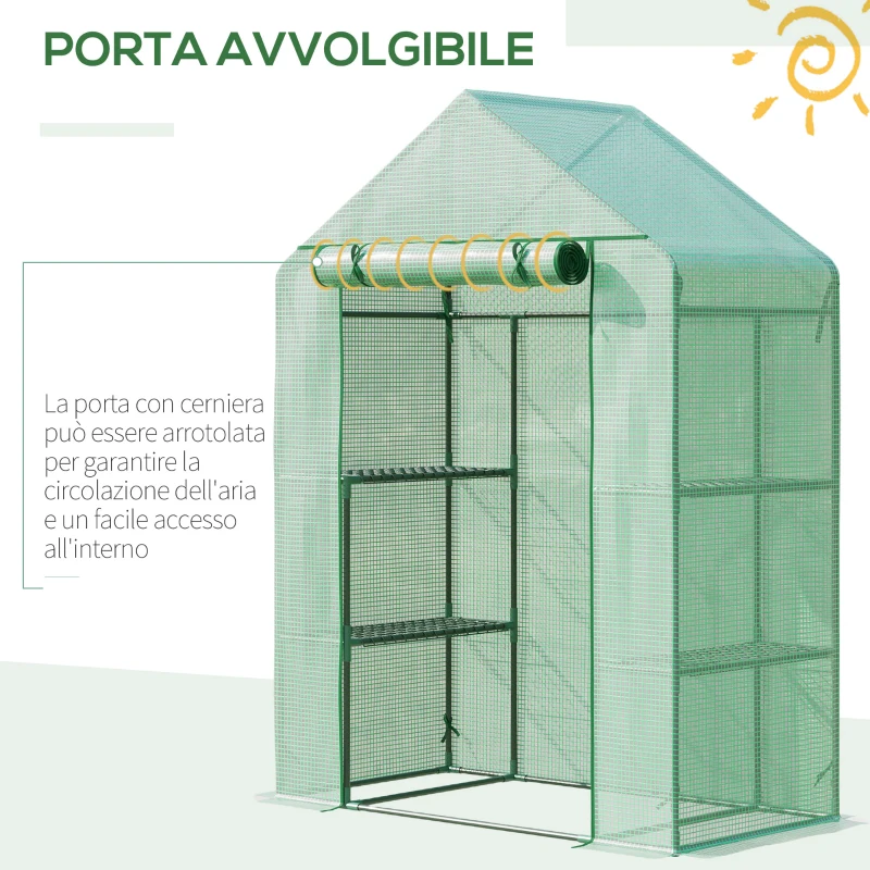 Outsunny Serra da Giardino in Acciaio e Plastica PE con 4 Ripiani, Funi e Picchetti, 141x72x191 cm, Verde