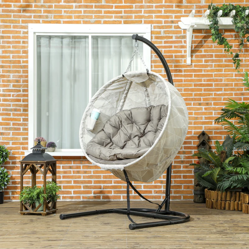 Outsunny Hanging Egg Chair Outdoor Indoor Garden Swing Chair with Folding Basket, Garden Hanging Chair with Stand, Thickened Cushion, Cup Holder for Patio, Balcony, Sand Brown