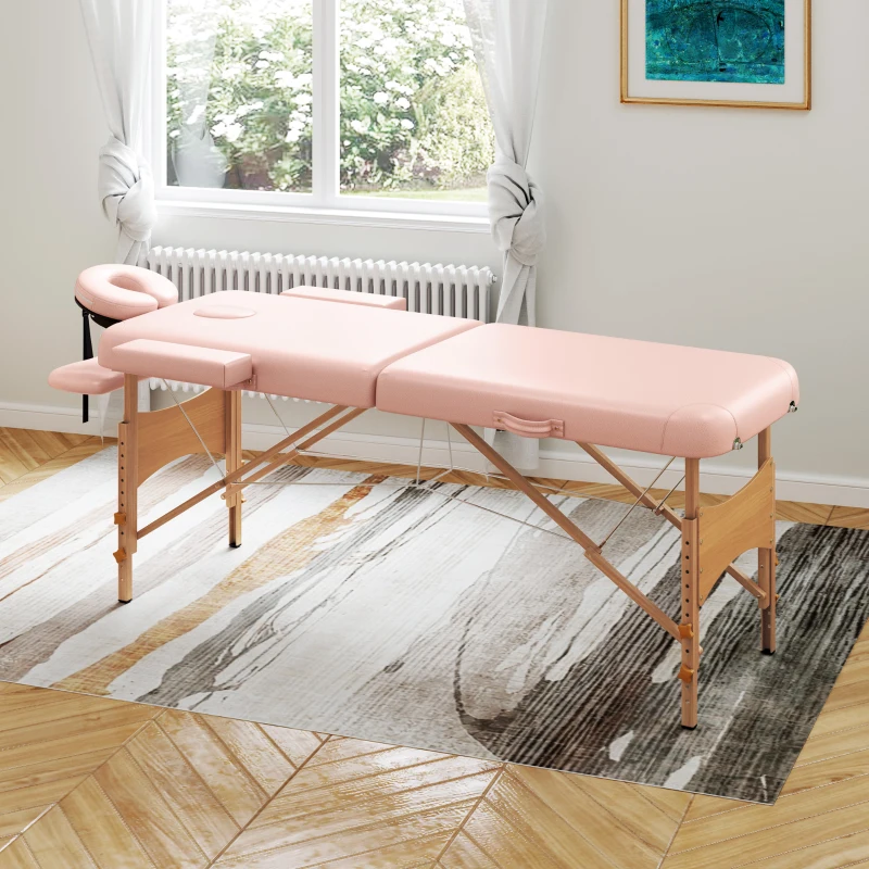HOMCOM Camilla de Masaje Plegable con Reposacabezas Extraíble Asa Marco de Madera y Altura Regulable 210x81x67-92 cm Rosa
