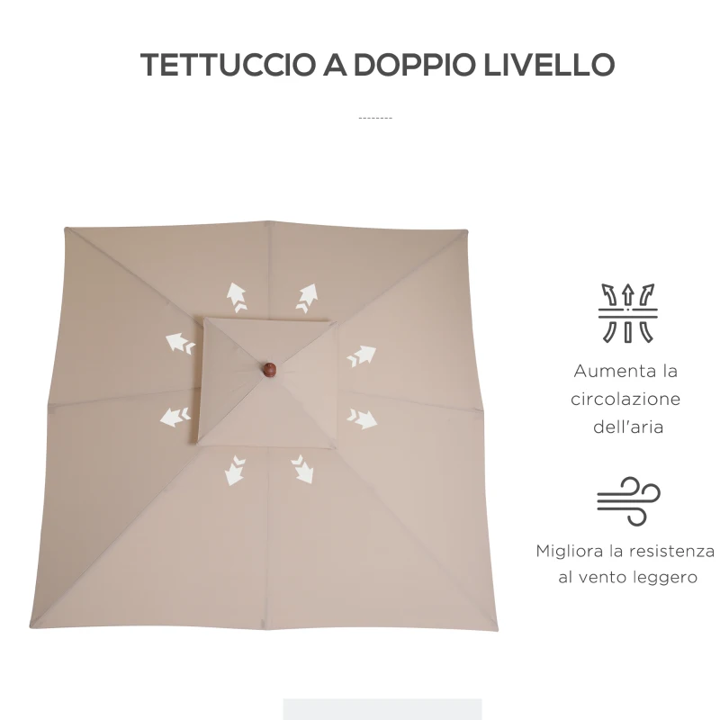 Outsunny Ombrellone da Giardino 3x3m con 8 Stecche in Bamboo e Copertura Parasole a 2 Livelli, Crema