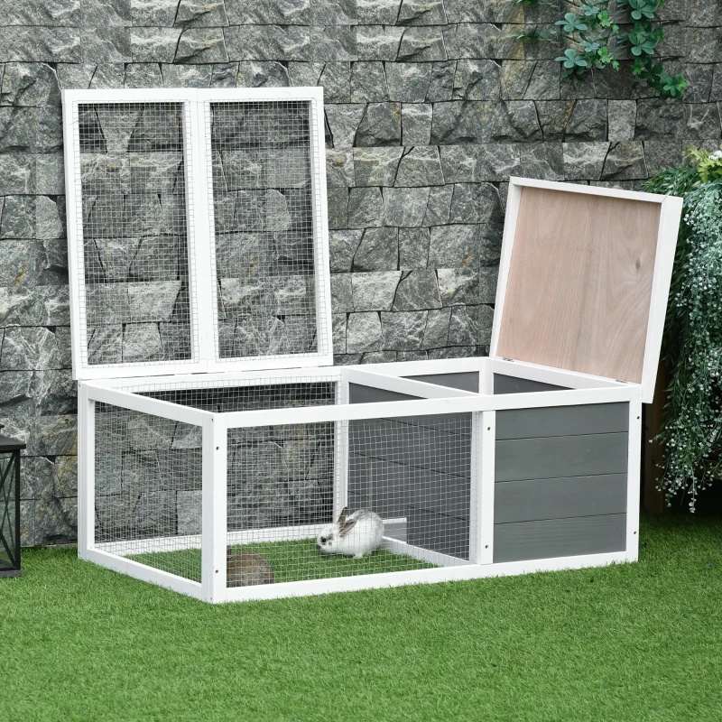 PawHut Clapier cage à lapins imperméable grand espace en bois massif gris 115x66x47,5 cm
