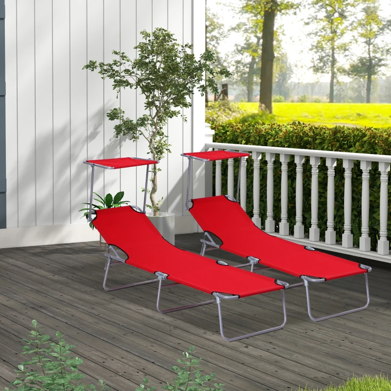 Outsunny 2 Piece Folding Sun Lounger, Lounge Chairs Reclining Sleeping Bed with Adjustable Sun Shade Awning for Beach, Patio