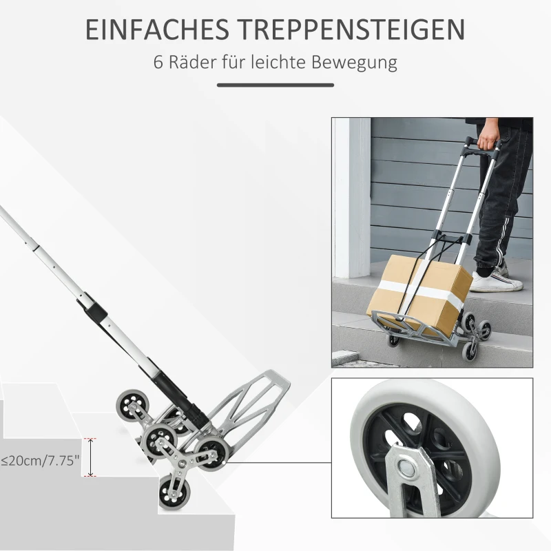 DURHAND Klappbarer Treppensteiger mit 6 Rädern, inkl. Befestigungsgurt, automatische Klappfunktion, Silber + Schwarz