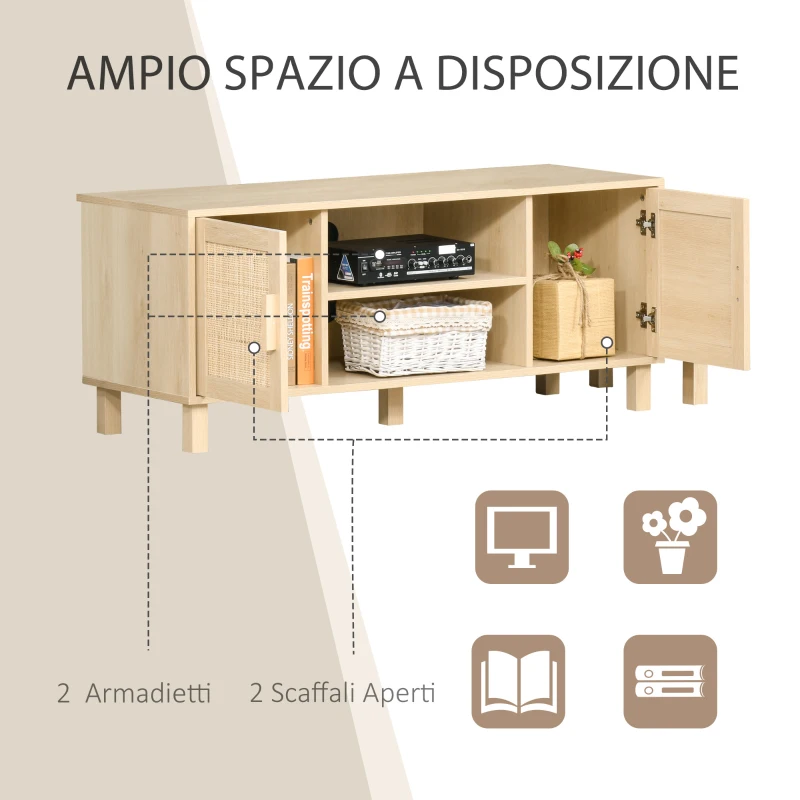 HOMCOM Mobile Porta TV con Vani Aperti e Ante in Rattan, Mobiletto per TV Fino 50", 115x40x48cm, Colore Legno