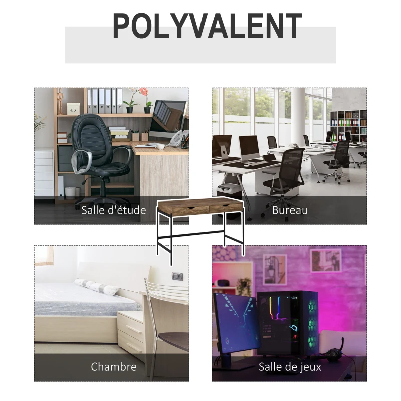 HOMCOM Bureau Style Industriel dim. 110L x 55l x 75H cm cm tiroir + 2 tiroirs piètement métal Noir Plateau MDF Aspect Bois
