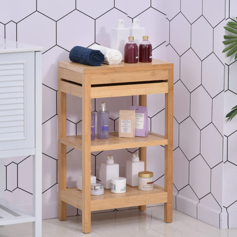 HOMCOM Badregal, Badzimmerregal mit Klappdeckel, Badezimmer Standregal mit 2 Ablagen, Bambus, Natur, 46 x 29,5 x 76,5 cm