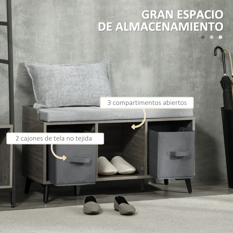 HOMCOM Banco Zapatero Tapizado Mueble Zapatero con Banco con 3 Compartimentos Abiertos y 2 Cajones de Tela 90x34x48 cm Gris
