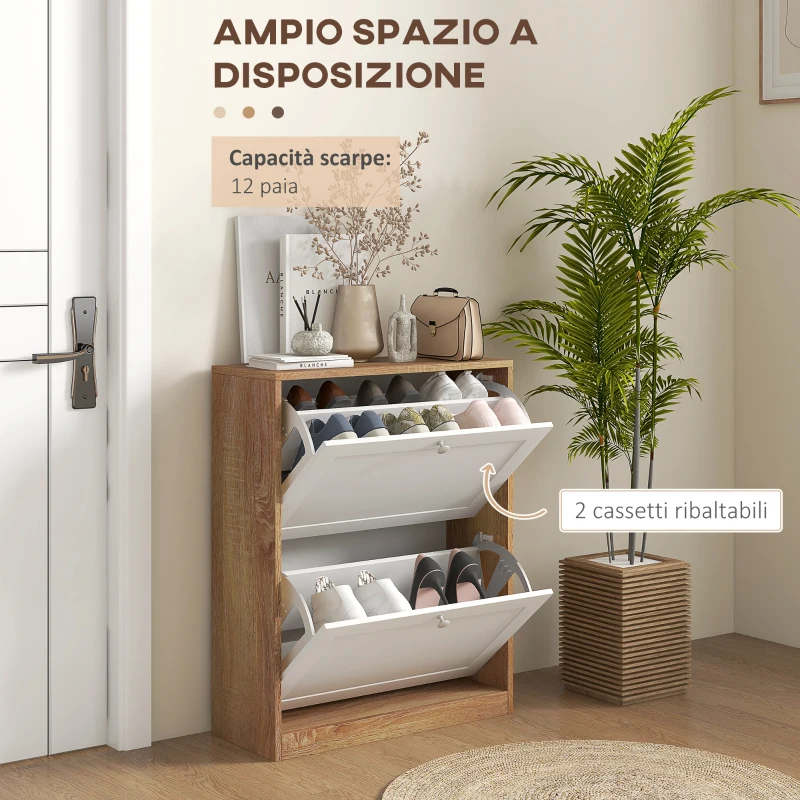 HOMCOM Scarpiera Slim con 3 Ripiani Regolabili a 2 Livelli per 12 Paia, in Truciolato e MDF, 60x24.5x75.5 cm