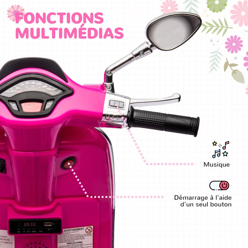 AIYAPLAY Scooter électrique enfant Vespa 6 V dim. 107L x 47l x 73H cm Musique MP3 Port USB Phare 2 roues d'entraînement - Rose