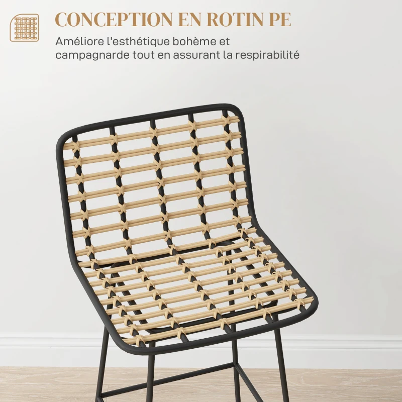 HOMCOM Lot de 2 tabourets de bar chaise haute design bohème Hauteur 66 cm avec repose-pieds acier noir assise en rotin PE