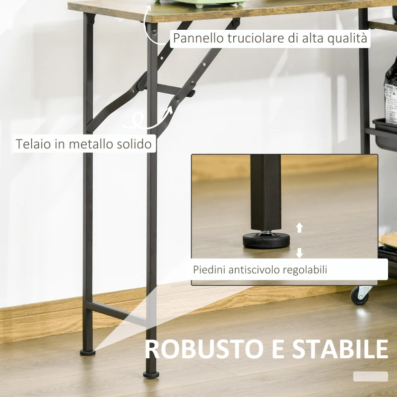 HOMCOM Carrello da Cucina Stile Industriale 3 Mensole e Ripiano Pieghevole, Porta Tazze e 4 Ruote, 118x36.5x82cm, Marrone