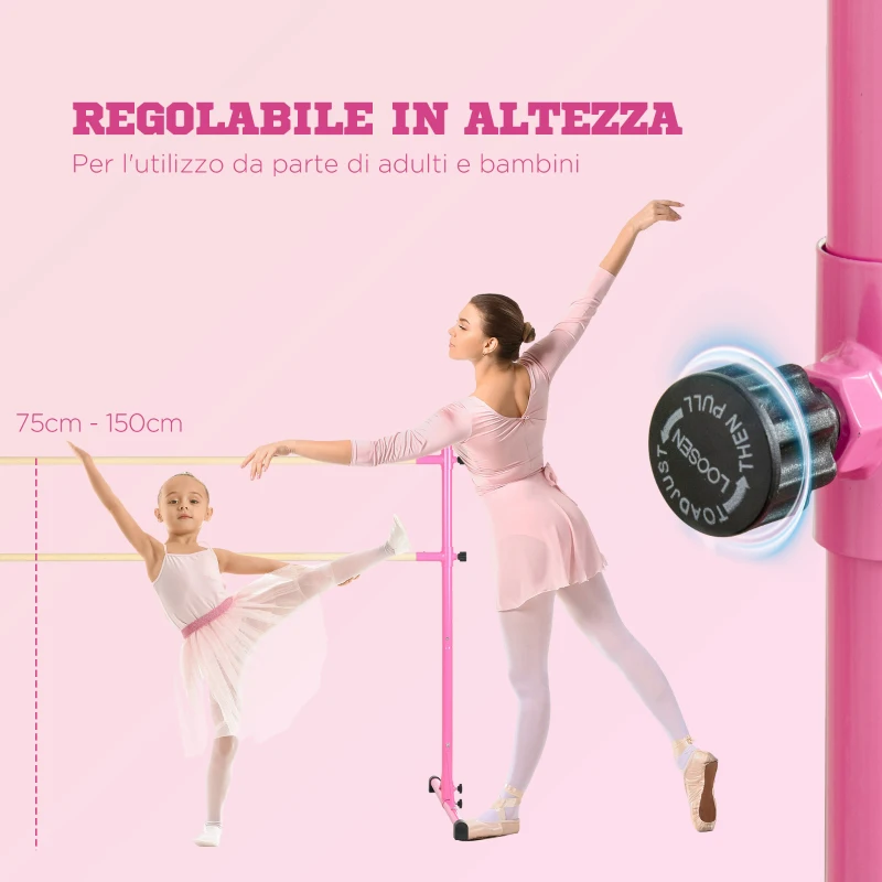 HOMCOM Sbarra Danza Classica Doppia con Altezza Regolabile in Acciaio e Legno, 130x97x152cm, Rosa