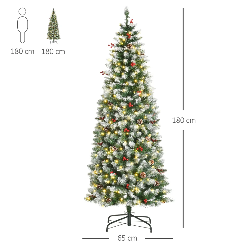 HOMCOM Künstlicher Weihnachtsbaum 180 cm Tannenbaum künstlich mit LED Beleuchtung, Schnee, 618 Spitzen Christbaum Weihnachtsdeko inkl. Stahlständer für drinnen