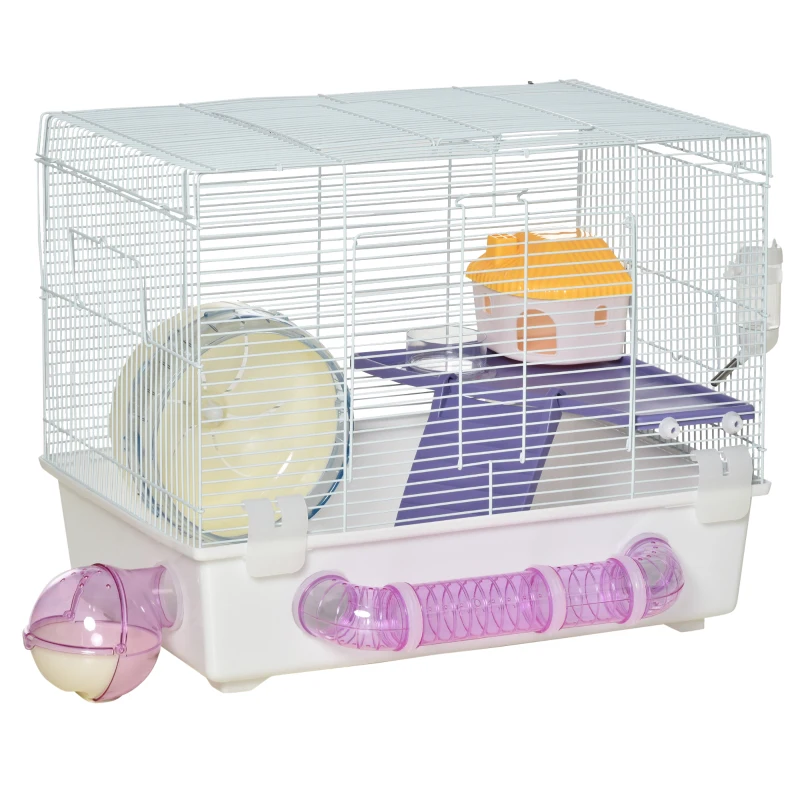 PawHut 2 Tier Hamster Cage Gerbil Rodent House Small Animal Habitat with Exercise Wheels Tunnel Tube Water Bottle Dishes Ladder, White
