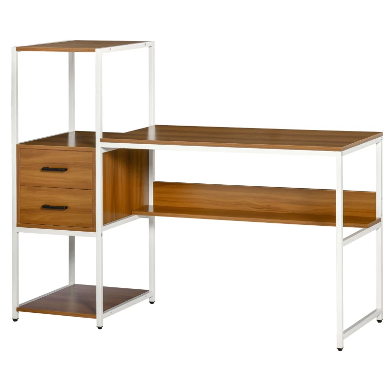 HOMCOM Escritorio con Estantería Mesa de Ordenador Escritorio de Oficina con Múltiples Estantes 140x50x110 cm Nogal y Blanco