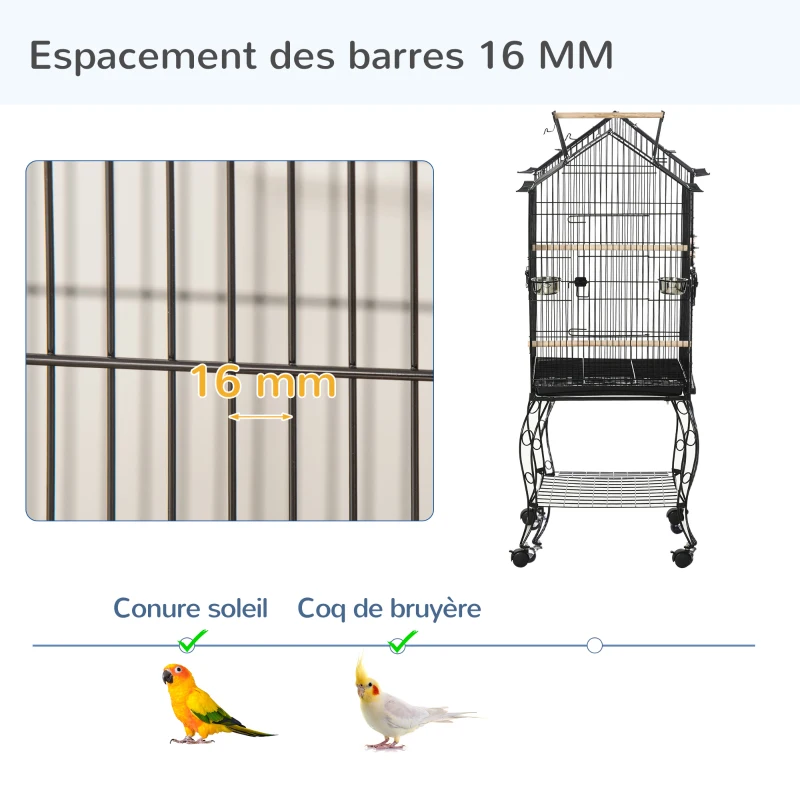 PawHut Cage à oiseaux sur pied avec 2 mangeoires perchoirs plateau amovible poignée et roulettes 50 x 58 x 137/145 cm noir