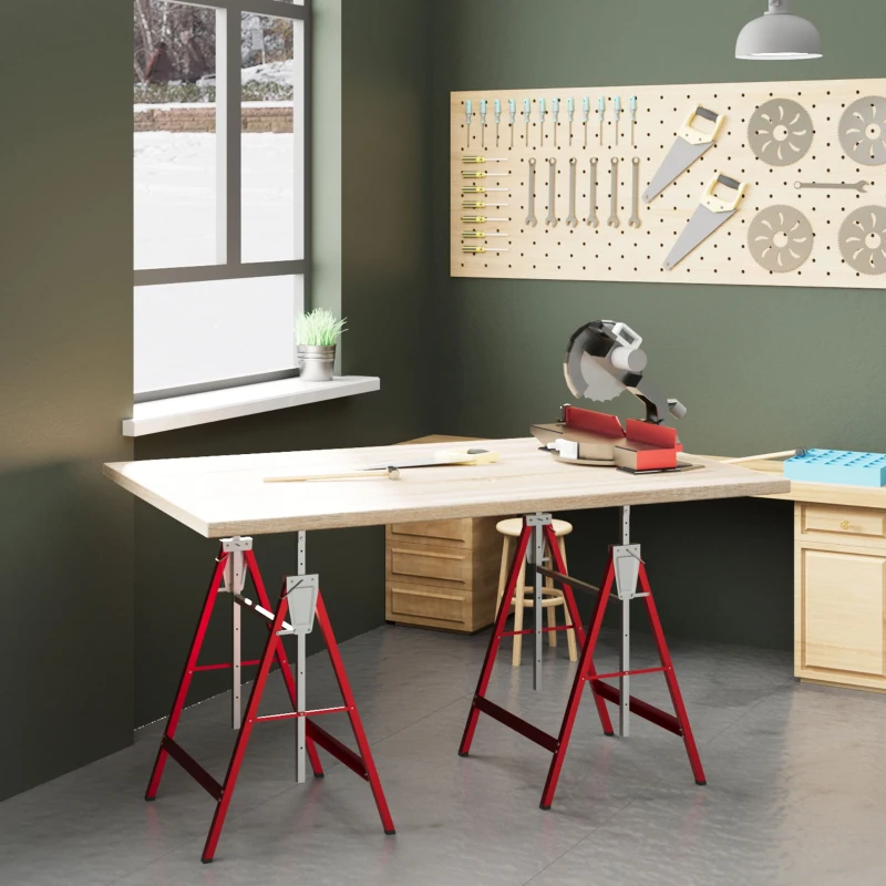 HOMCOM Set de 2 Caballetes Metálicos Plegables con Altura Ajustable Caballetes de Sierra de Acero 68x58x80-130 cm Rojo