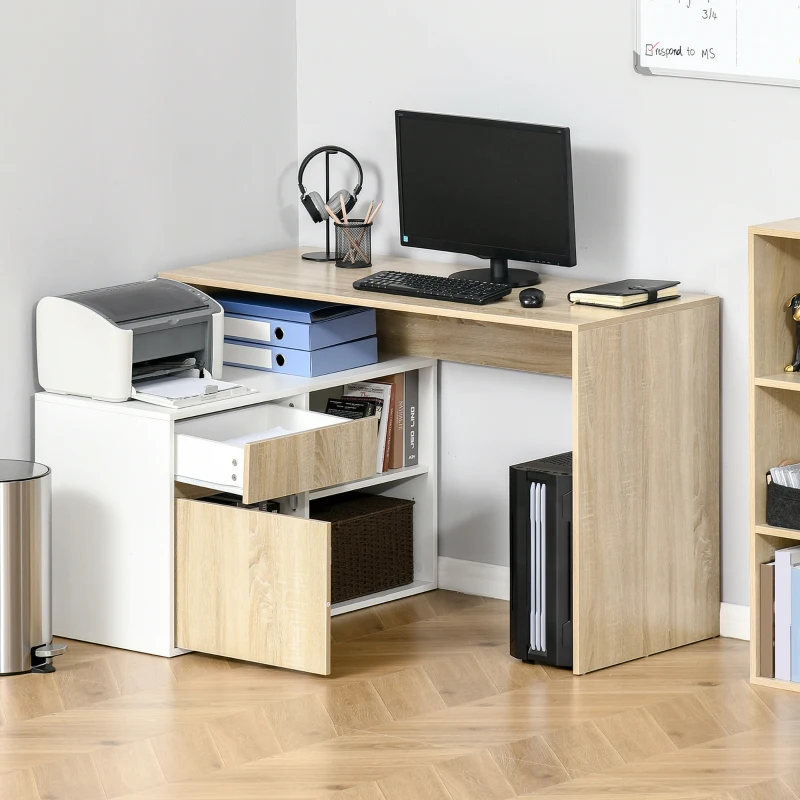 HOMCOM Scrivania Angolare, Scrivania ad Angolo per Computer da Camera o Ufficio, Scrivania Salvaspazio in Legno, Rovere e Bianco