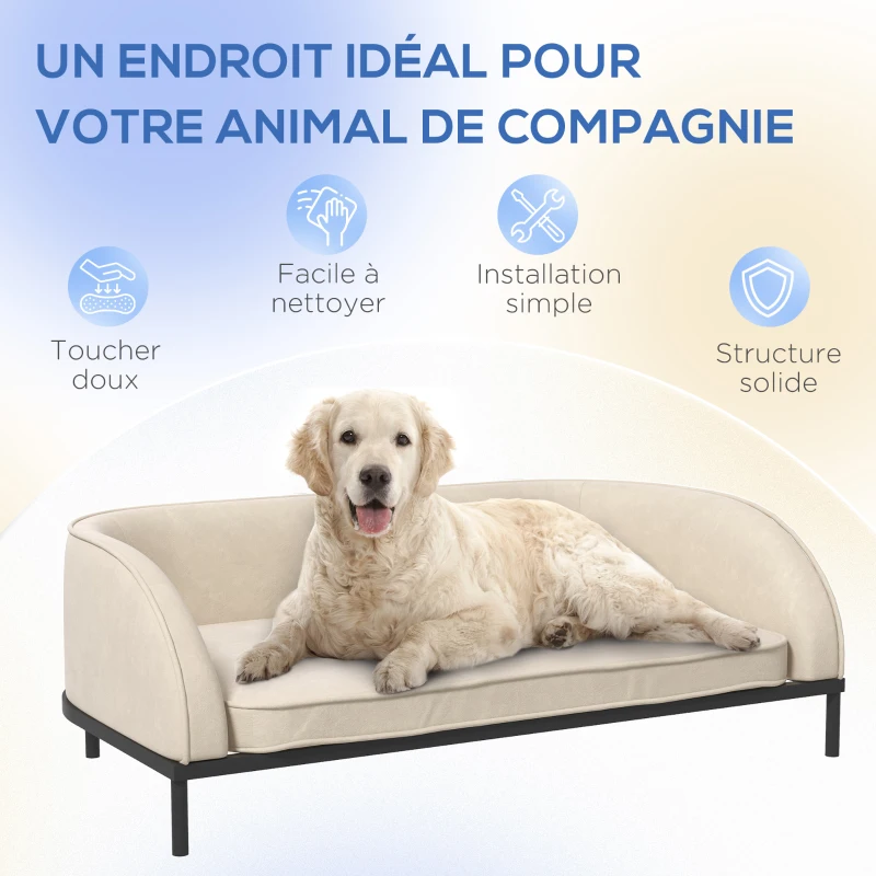 PawHut Canapé pour chien lit surélevé coussin déhoussable pieds en acier velours 101,5 x 62 x 34,5 cm blanc crème noir